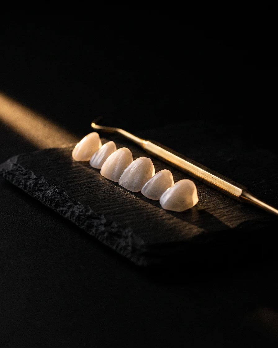 Translucent porcelain veneers lined up on black slate beside a brass instrument, lit by a shaft of warm light.