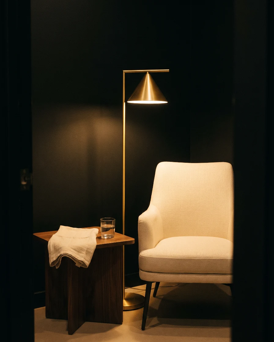 Consultation corner with a cream armchair, brass lamp and warm light against black walls.